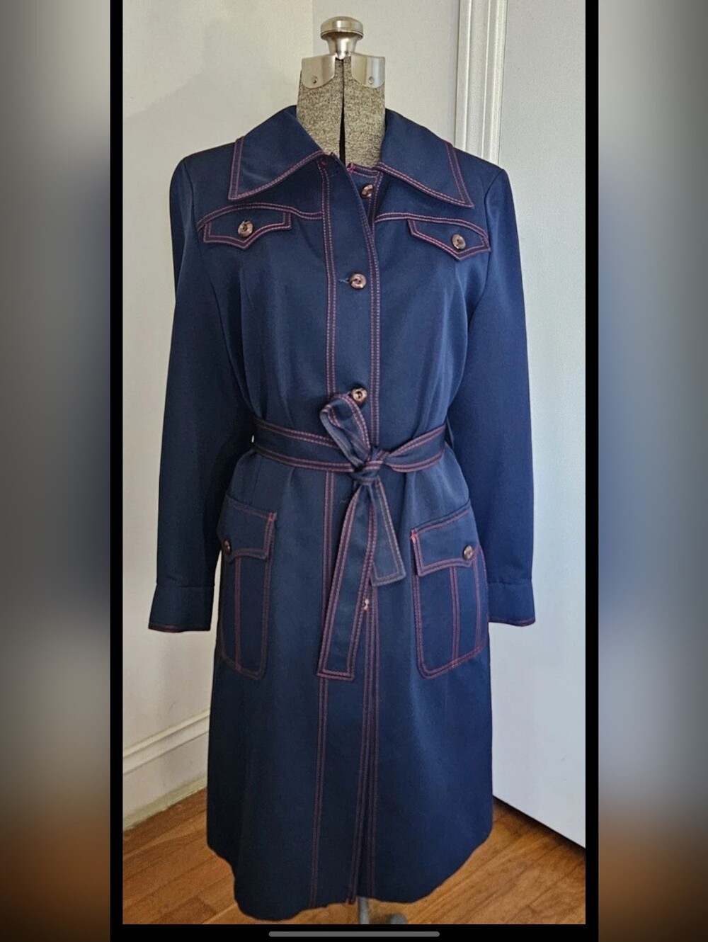 VTG Navy Trench Coat with Red Topstitching - Women's Jacket Size 13/14